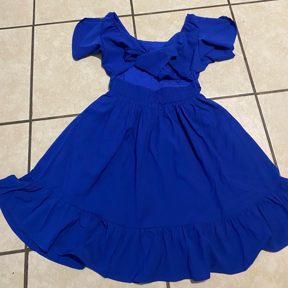 Girls Royal Blue Ruffle Off-Shoulder Dress - Picture 3 of 4